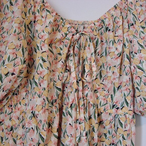 Yellow Floral Midi Dress Prairie Ditsy Babydoll Ruffle Puff Sleeve Size Large - Picture 7 of 16